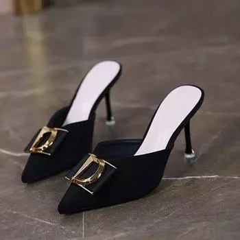 Summer temperament elegant thousand bird grid bag head half slippers women s metal buckle pointed thin heel high heel cool slippers 34 чёрный