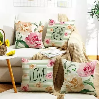 Summer throw pillow case with floral letter print linen throw pillow decoration sofa bedside backrest throw pillow case does not include pillow core 45*45cm