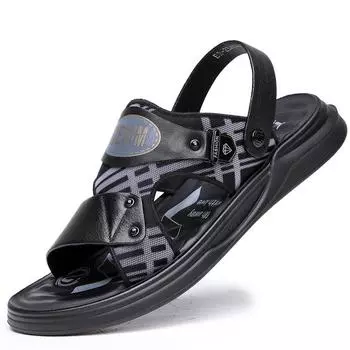 Summer Top Layer Cowhide Beach Shoes Men s Fashion Trend, External Wearing Sandals Soft Soles Massage Casual Slippers 38 чёрный