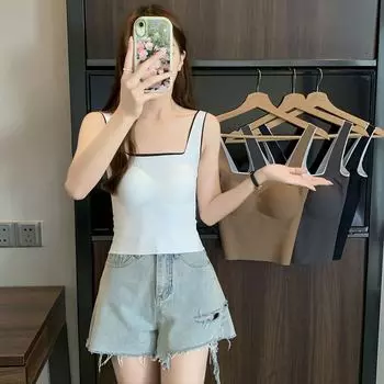 Summer Trackless Square Collar with Beautiful Back Halter Vest Women with Chest Pad Inside with Outside Wear Simple Slim Body One size