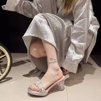Summer transparent crystal high-heeled sandals with diamonds thick-heeled slippers women s shoes wear rhinestones small flower large size 35 золотой