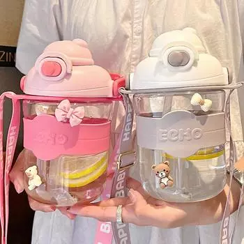 Summer Travel Mug Cute Water Bottle For Girls 1.1L Large Capacity Tumbler With Straw Cartoon Kawaii Cup Portable Drinking Kettle