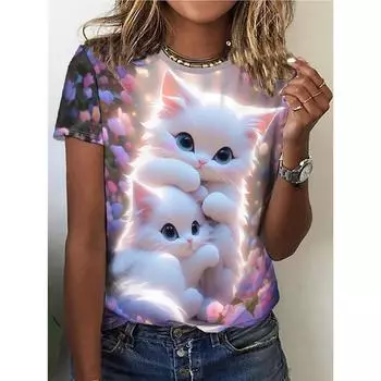 Summer Two Cute Cats 3D Printed T-shirts for Ladies Street Casual Fashion Short Sleeves XXS