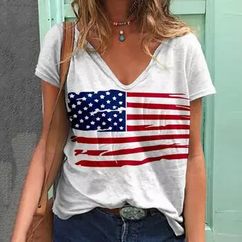 Summer V-neck 3D US Flag Pattern Independence Day Printed Top Fashionable Casual Short Sleeved Women s T-shirts S