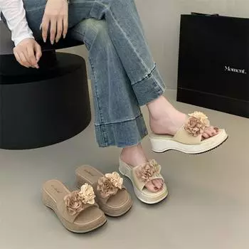 Summer Wedges Heel Flower Slippers Casual Open Toe Beach Vacation Slides Party Dress Sandalias 35 хаки