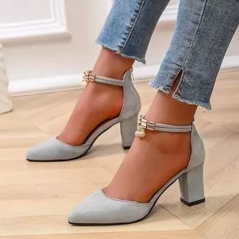 Summer Women s Ankle Strap High Heels Pointed Toe Pearl Metal Decoration Back Zipper Chunky Heel Dress Party Modern Sandals 34 серый