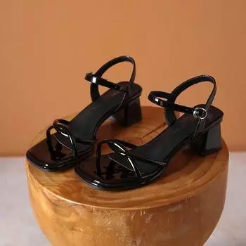 Summer Women s Fashion Sandals Square Toe Open Toe Rough Heel One-line Buckle Shoes Dress Simple Retro Women Sandalias De Mujer 33 чёрный