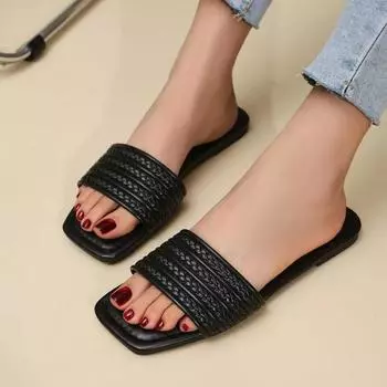 Summer Women s Flat Sandals 2024 New Women s Outdoor Sequin Open Toe Comfort Casual Slippers Furry Slides for Women Plus Size 43 36 чёрный