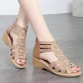 Summer Women s Peep Toe Sandals New Hollow Out Roman Sandals Women Outdoor Casual Wedges Sandals Fashion Low Heels Ladies Shoes 36 шампанского