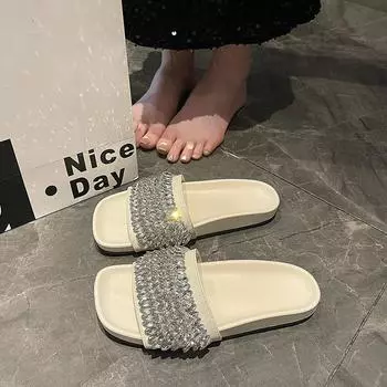 Summer women s shoes platform open-toed big cool slippers square head rhinestone fashion slippers women s trendy shoes women s drag 35