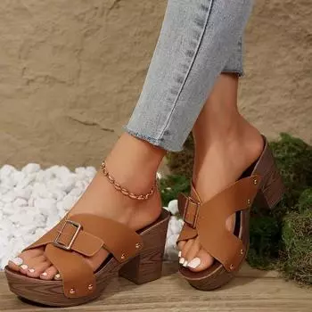 Summer Women s Slippers Sandals High Heel Fashion Platform Fish Mouth Ladies Shoes Non-slip Casual Large Size 43 36 коричневый