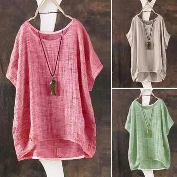 Summer Women Solid Loose Blouse Plain O-Neck Tops Ladies Casual Shirt Blusas Asymmetrical Short Batwing Sleeve Feminina XXXXXL зелёный