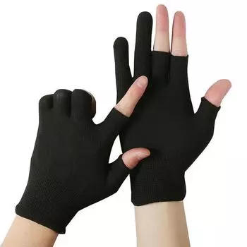 Sun Protection Solid Color Gloves Men Nylon Gloves Anti-skid Mittens Show Two Fingers black-B