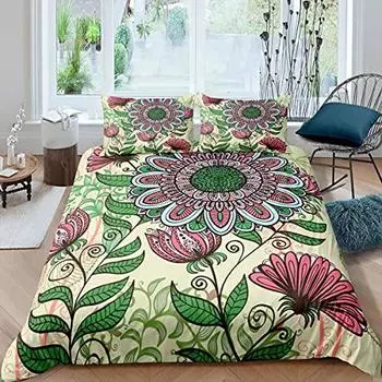 Sunflower Bedding Set Boho Floral Design Duvet Cover for Kid Children Teens Blossom Flowers Pattern Retro Nature Comforter Cover US Queen(228x228cm)