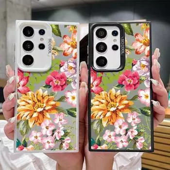 Sunflower Pattern Square Phone Case for Samsung S24 S22 Ultra S23 S21 S20 Fe A54 A53 A52 Shockproof Slim Anti-Fall Laser Imd Cover Samsung S24 серый