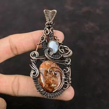 Sunstone Pendant Copper Wire Wrapped Pendant Rainbow Moonstone Pendant Handmade Gemstone Pendant Copper Jewelry Gift For Mom Antique Jewelry