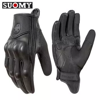 SUOMY Retro Black Leather Motorcycle Gloves Men Women Perforated Breathable Motorbike Racing Gloves Vintage Leather Moto Guantes XL