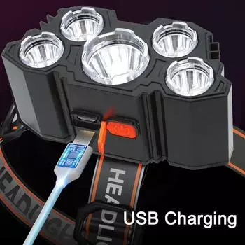 Super Bright 5 LED USB Rechargeable Headlamp 18650 Built-in Battery Headlight Portable Head Flashlight Night Run Fishing Lantern 1PC