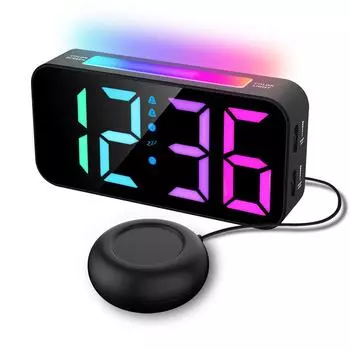 Супер громкий вибрирующий цифровой будильник RGB с подсветкой, вибратор для кровати, повтор 2 будильников, настольные часы с питанием от USB для крепкого сна чёрный