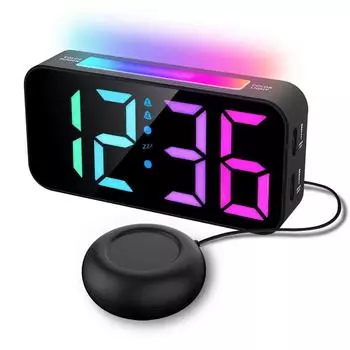 Супер громкий вибрирующий цифровой будильник RGB с подсветкой, вибратор для кровати, повтор 2 будильников, настольные часы с питанием от USB для крепкого сна чёрный