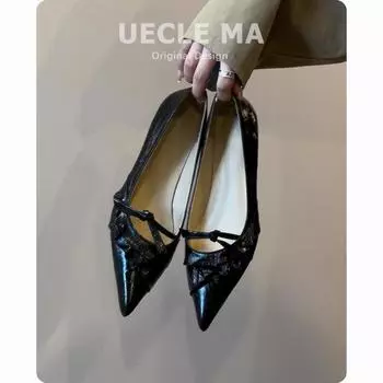 Super soft lambskin~ Genuine leather single shoes women s flat bottom pointed head small slope heel temperament versatile bow evening shoes 35