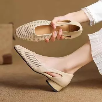 Super soft lambskin square head hollow hole single shoes women s spring and autumn soft sole thick heel bag head sandals 35