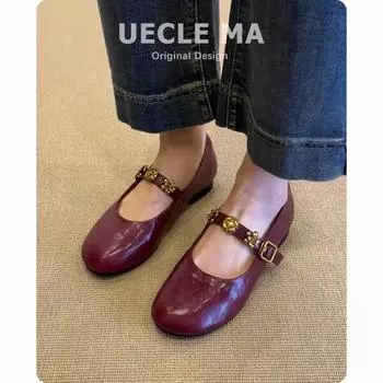 Super soft leather shoes~ flat single shoes women s new red with skirt Mary Jane shoes 35