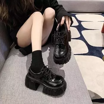 Super thick-soled heeled lace-up single shoes women s spring and autumn muffin round head shoes small leather shoes 35