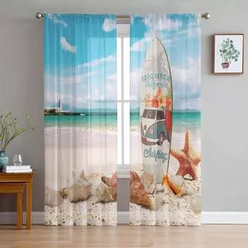 Surfboard Beach Starfish Shell Sheer Curtains for Living Room Decoration Window Curtains Kitchen Tulle Voile Organza Curtains W135 x H115cm x1