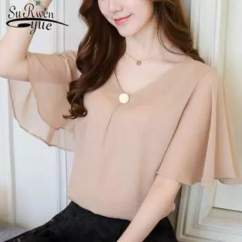 SURWENYUE модная шифоновая женская блузка размера плюс 4XL, рубашки, топы, блузки цвета хаки с короткими рукавами и v-образным вырезом M