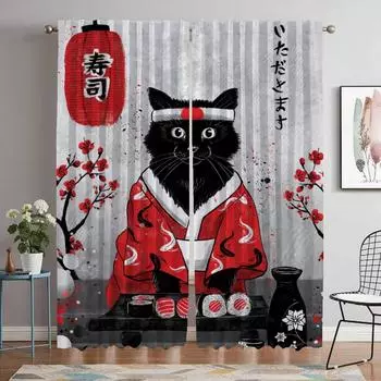 Sushi Cat Blackout Curtains for Camera Partition Elegant Room Curtains 2 Pieces Halloween Decoration Tulle for Bedroom Shades W50xH70cmx2pcs-CL