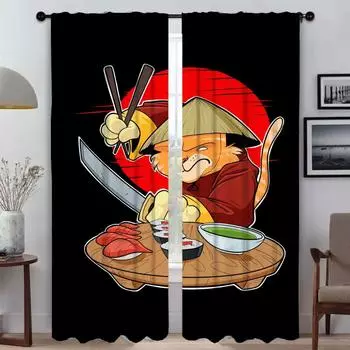 Sushi Cat Curtains for Bedroom Blackout Curtain for Room 2 Panel Shades Partition Halloween Decoration Home Interior Curtains W50xH70cmx2pcs-CL