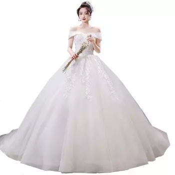 Свадебное платье принцессы Off Bare Long Drawn Night Bridal [Yousaku Co., Ltd.] Платье, линия, плечо, верх, шлейф, подол, вышивка, концерт, платье, вечеринка, белый