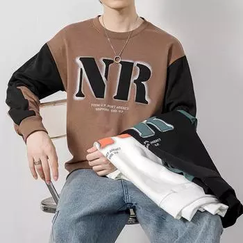 Sweatshirt Men s Spring and Autumn New Korean Style Trendy Loose and Handsome Embroidered Letter Top Round Neck Long-sleeved T-shirt Men s Clothing M