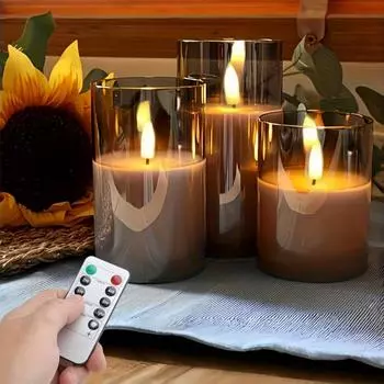 Свеча беспламенная из 3 частей с таймером дистанционного управления: 3D свеча, работающая от батареек, светодиодная колонна-свеча, набор акриловых искусственных свечей, подходит для украшения дома