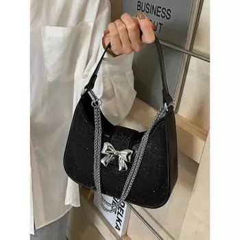 Sweet Bow Pink Small Handbag for Women New PU Leather Diamond Underarm Bag Female Daily Commuter Chains Shoulder Bag