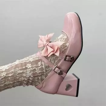 Милые туфли-лодочки с бантом на среднем каблуке Mary Janes, женские, осень 2024 г., лакированные туфли на толстом каблуке, женские модные туфли в стиле Лолиты с пряжкой розового цвета 35 бежевый