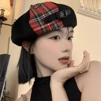 Sweet Checkered Bud Caps Large Head Girth Red Tartan Beret Simple Painter Hat Ladies чёрный/красный