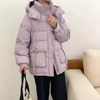 Sweet crescent button down jacket women s short 2024 winter fashion thickened warm hooded small white duck down jacket S