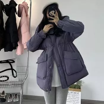 Sweet down jacket women s medium length 2024 winter new thickened hooded loose waist white duck down jacket S розовый