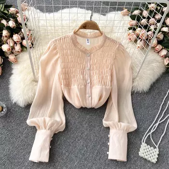 Sweet Fungus Edge Heavy Industry Fold Button Тонкая стареющая рубашка с пузырьковыми рукавами женская весенняя новинка однотонный топ