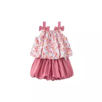 Sweet Pattern Floral Bow Shoulder Strap Design Kid Summer Top And Set Shorts 90CM