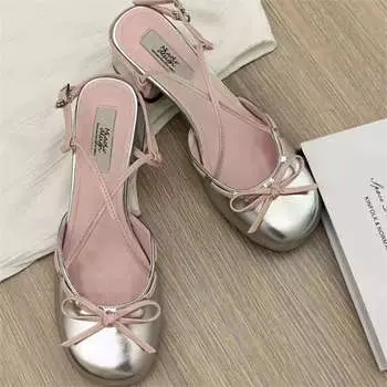 Sweet thick heel bag head sandals women s summer new with skirt bow Mary Jane shoes 35 серебряный