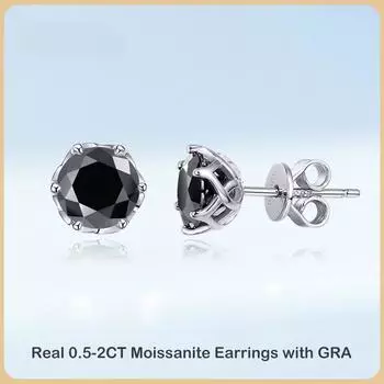 Сверкающие настоящие серьги-гвоздики с муассанитом 0,5-2CT D цвета для женщин S925 посеребренные серьги-гвоздики с родием и черными бриллиантами в подарок 0.5CT(5mm) and 0.5CT