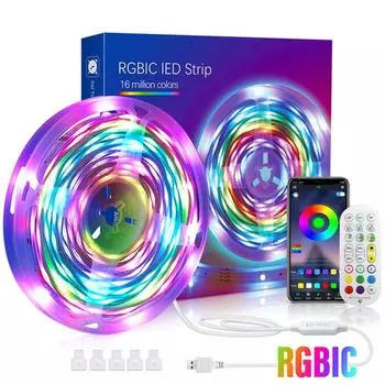Светодиодная интеллектуальная лента USB 5050RGBIC APP Control Синхронизация музыки с пультом дистанционного управления для спальни Подсветка телевизора Потолок Игровая комната 3M-42LED