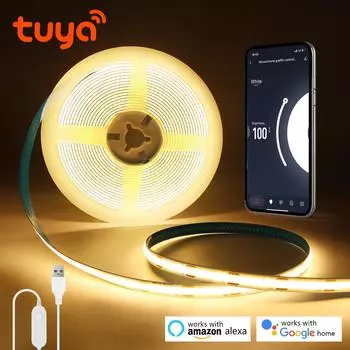 Светодиодная лента Tuya Smart Life WiFi USB 5 В COB 320 светодиодов/м с дистанционным управлением, светодиодные ночные светильники с регулируемой яркостью работают с Alexa Google Home 1m
