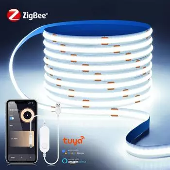 Светодиодная лента ZigBee COB USB 5 В с интеллектуальной регулировкой яркости, работает с приложением Tuya Hub Bridge Echo Plus/голосовым управлением Alexa, атмосферным освещением 1M