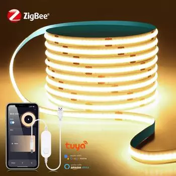 Светодиодная лента ZigBee COB USB 5 В с интеллектуальной регулировкой яркости, работает с приложением Tuya Hub Bridge Echo Plus/голосовым управлением Alexa, атмосферным освещением 1m теплый белый