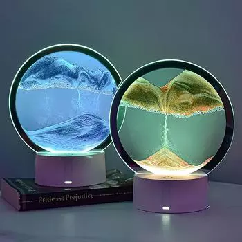 Светодиодная настольная лампа с рисунком из зыбучего песка, 3D-движущаяся художественная картина, круглые стеклянные песочные часы, ночник, прикроватная тумбочка, аксессуары для украшения дома 1PCS золотой