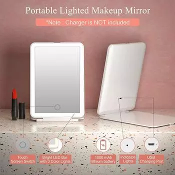 Светодиодное складное дорожное зеркало для макияжа, 3 режима освещения, USB-зарядка, сенсорный экран, портативное настольное косметическое зеркало РОЗОВОГО ЦВЕТА